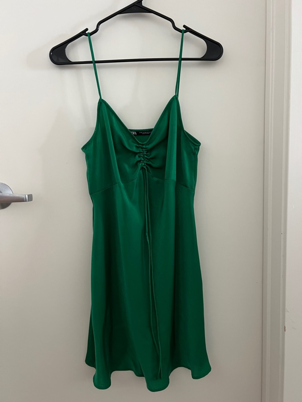 Zara Green Satin Ruched Spaghetti Strap Mini Dress XS